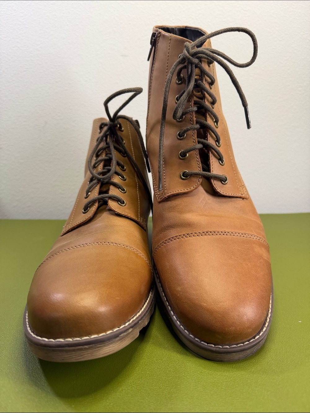 T&V Men's Tan Lace-Up Leather Boots with Side Zip Genuine Leather Size 12
